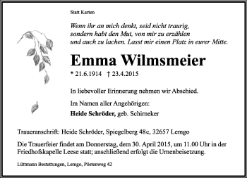 Anzeige  Emma Wilmsmeier  Lippische Landes-Zeitung