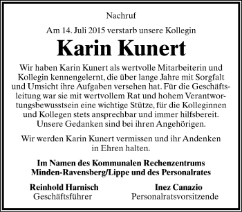 Anzeige  Karin Kunert  Lippische Landes-Zeitung