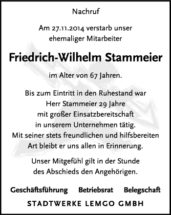 Anzeige  Friedrich-Wilhelm Stammeier  Lippische Landes-Zeitung