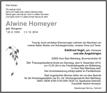 Anzeige  Alwine Homeyer  Lippische Landes-Zeitung
