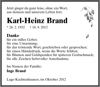 Anzeige  Karl-Heinz Brand  Lippische Landes-Zeitung
