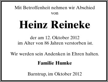 Anzeige  Heinz Reineke  Lippische Landes-Zeitung