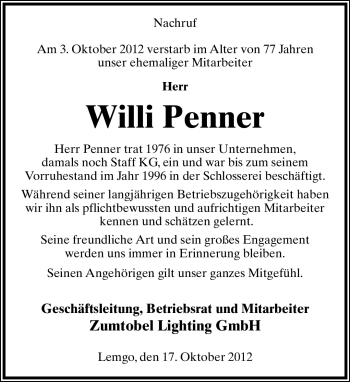 Anzeige  WIlli Penner  Lippische Landes-Zeitung