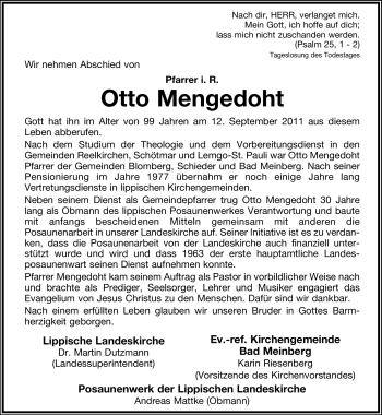 Anzeige  Otto Mengedoht  Lippische Landes-Zeitung