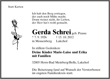 Anzeige  Gerda Schrei  Lippische Landes-Zeitung