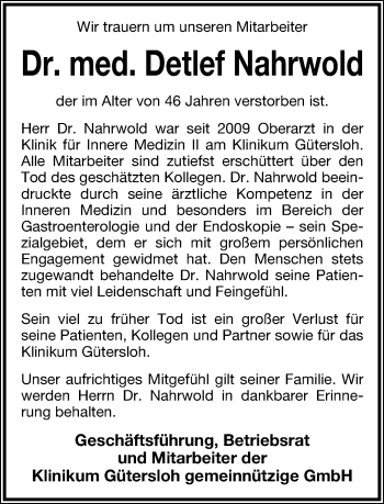 Anzeige  Detlef Nahrwold  Lippische Landes-Zeitung