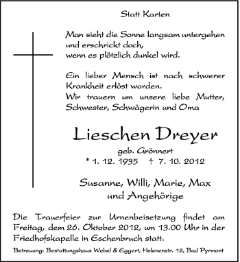 Anzeige  Lieschen Dreyer  Lippische Landes-Zeitung