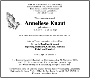 Anzeige  Anneliese Knaut  Lippische Landes-Zeitung