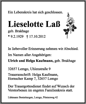 Anzeige  Lieselotte Laß  Lippische Landes-Zeitung