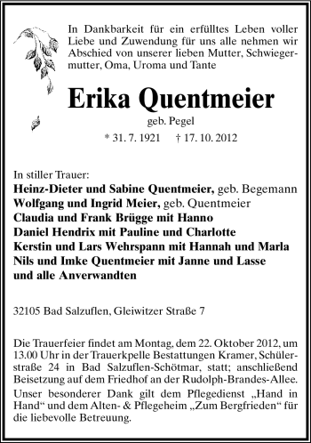 Anzeige  Erika Quentmeier  Lippische Landes-Zeitung