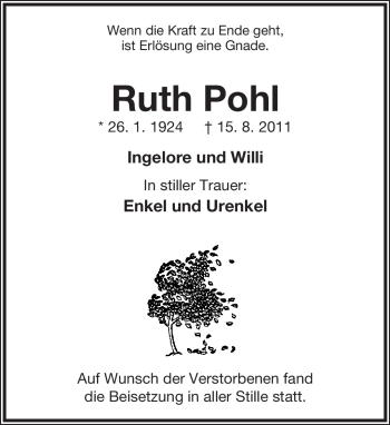 Anzeige  Ruth Pohl  Lippische Landes-Zeitung