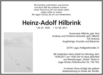 Anzeige  Heinz-Adolf Hilbrink  Lippische Landes-Zeitung