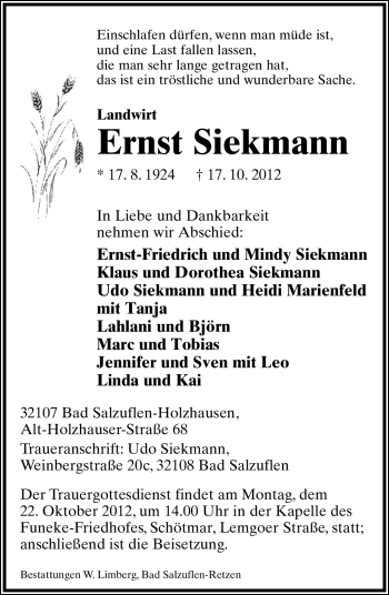 Anzeige  Ernst Siekmann  Lippische Landes-Zeitung