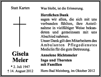 Anzeige  Gisela Meier  Lippische Landes-Zeitung