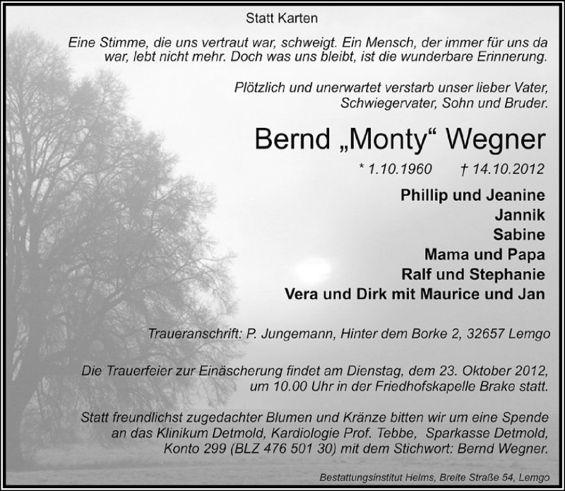  Traueranzeige für Bernd Wegner vom 19.10.2012 aus Lippische Landes-Zeitung