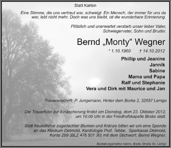 Anzeige  Bernd Wegner  Lippische Landes-Zeitung