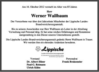 Anzeige  Werner Wallbaum  Lippische Landes-Zeitung