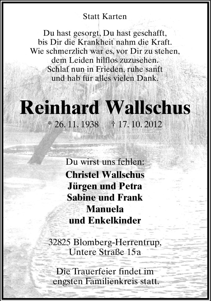  Traueranzeige für Reinhard Wallschus vom 20.10.2012 aus Lippische Landes-Zeitung