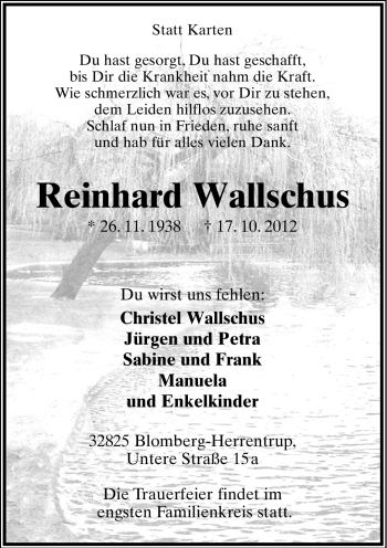 Anzeige  Reinhard Wallschus  Lippische Landes-Zeitung