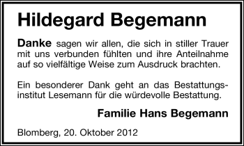 Anzeige  Hildegard Begemann  Lippische Landes-Zeitung
