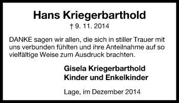 Anzeige  Hans Kriegerbarthold  Lippische Landes-Zeitung