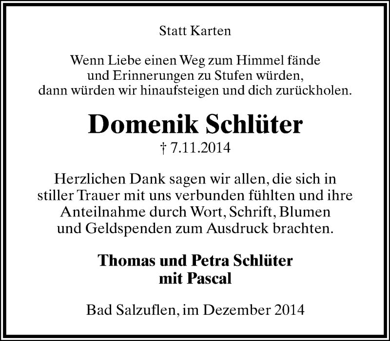  Traueranzeige für Domenik Schlüter vom 06.12.2014 aus Lippische Landes-Zeitung