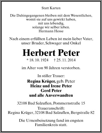 Anzeige  Herbert Peter  Lippische Landes-Zeitung