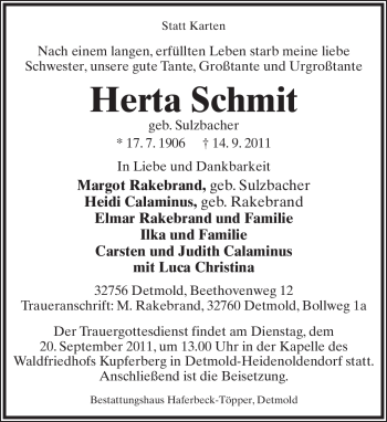 Anzeige  Herta Schmit  Lippische Landes-Zeitung