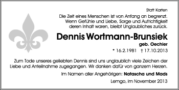 Anzeige  Dennis Wortmann-Brunsiek  Lippische Landes-Zeitung