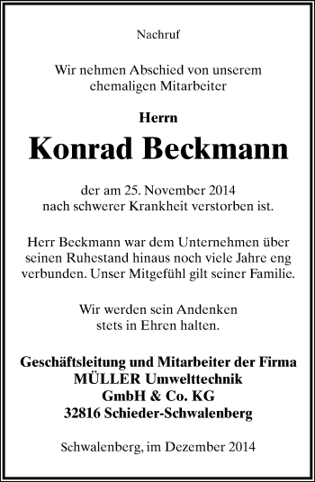 Anzeige  Konrad Beckmann  Lippische Landes-Zeitung