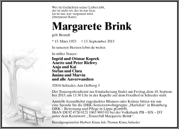 Anzeige  Margarete Brink  Lippische Landes-Zeitung