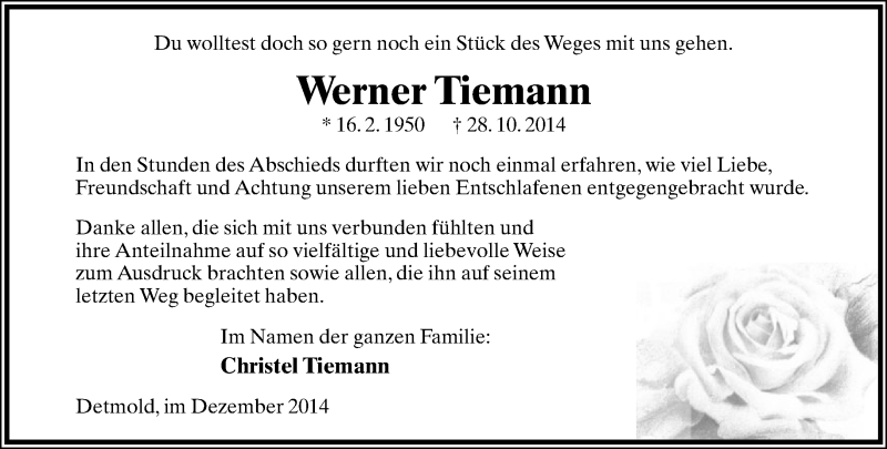  Traueranzeige für Werner Tiemann vom 06.12.2014 aus Lippische Landes-Zeitung