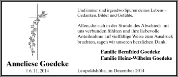 Anzeige  Anneliese Goedeke  Lippische Landes-Zeitung