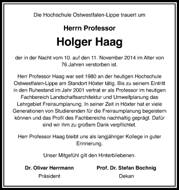 Anzeige  Holger Haag  Lippische Landes-Zeitung