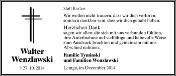 Anzeige  Walter Wenzlwski  Lippische Landes-Zeitung