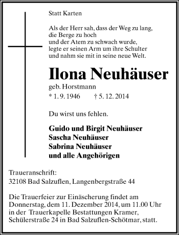 Anzeige  Ilona Neuhäuser  Lippische Landes-Zeitung