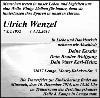 Anzeige  Ulrich Wenzel  Lippische Landes-Zeitung