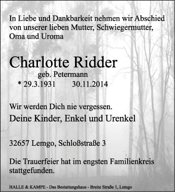 Anzeige  Charlotte Ridder  Lippische Landes-Zeitung