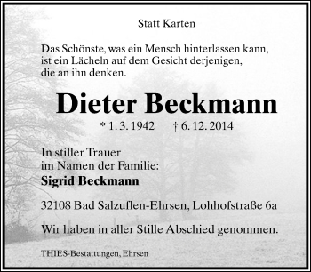 Anzeige  Dieter Beckmann  Lippische Landes-Zeitung
