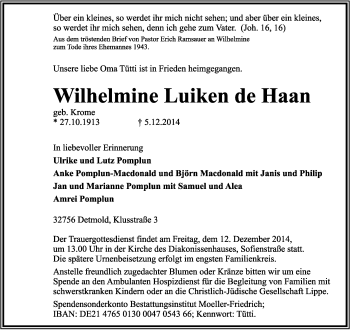 Anzeige  Wilhelmine Luiken de Haan  Lippische Landes-Zeitung