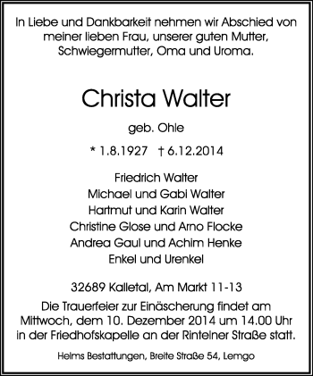 Anzeige  Christa Walter  Lippische Landes-Zeitung