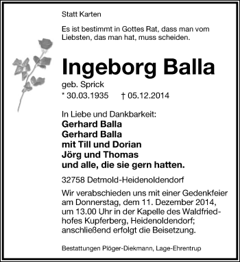 Anzeige  Ingeborg Balla  Lippische Landes-Zeitung
