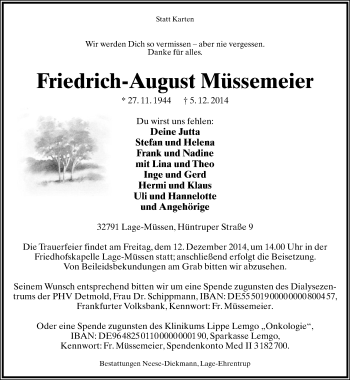Anzeige  Friedrich-August Müssemeier  Lippische Landes-Zeitung