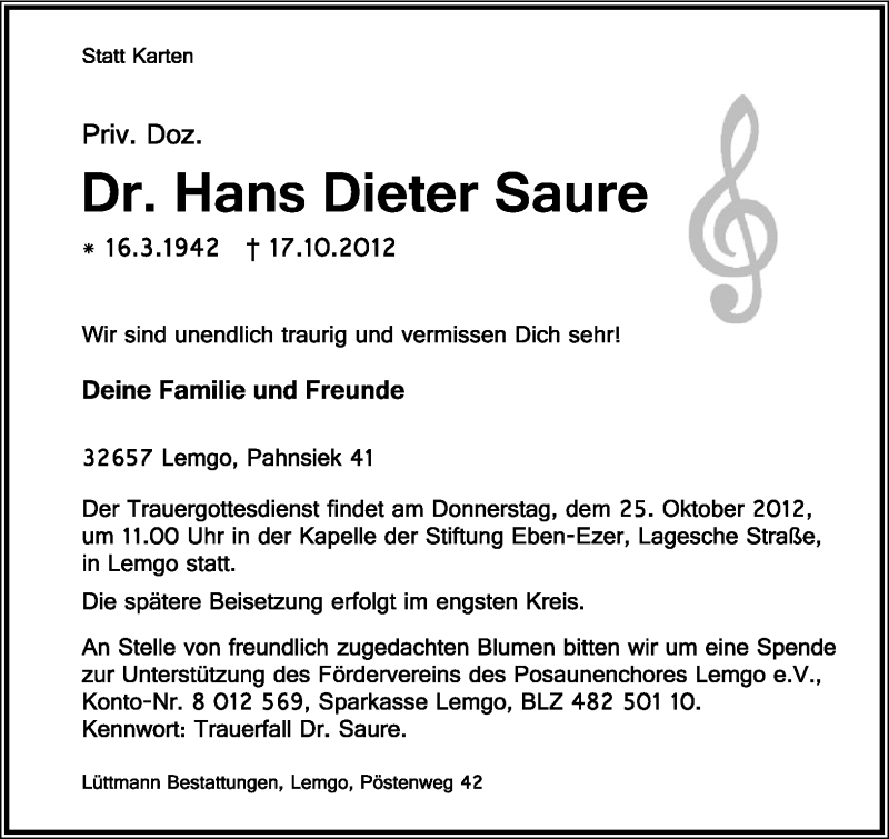  Traueranzeige für Hans Dieter Saure vom 20.10.2012 aus Lippische Landes-Zeitung