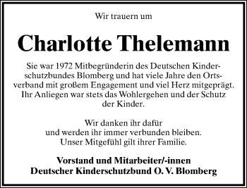 Anzeige  Charlotte Thelemann  Lippische Landes-Zeitung