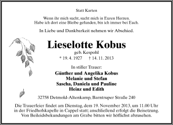 Anzeige  Lieselotte Kobus  Lippische Landes-Zeitung