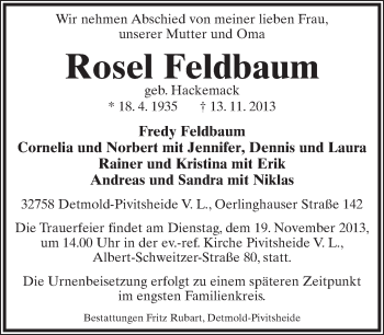 Anzeige  Rosel Feldbaum  Lippische Landes-Zeitung