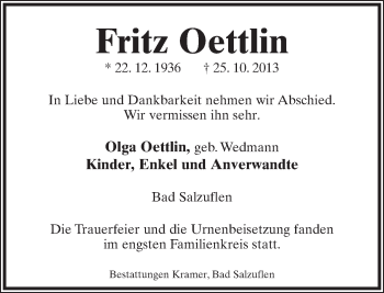 Anzeige  Fritz Oettlin  Lippische Landes-Zeitung