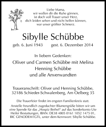 Anzeige  Sibylle Schübbe  Lippische Landes-Zeitung