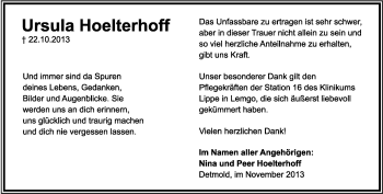 Anzeige  Ursula Hoelterhoff  Lippische Landes-Zeitung